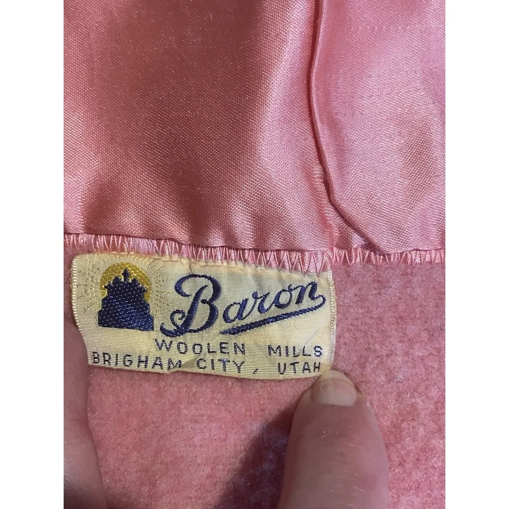 Vtg Baron Woolen Mills Wool Blanket Pink White Stripe Satin Trim 70